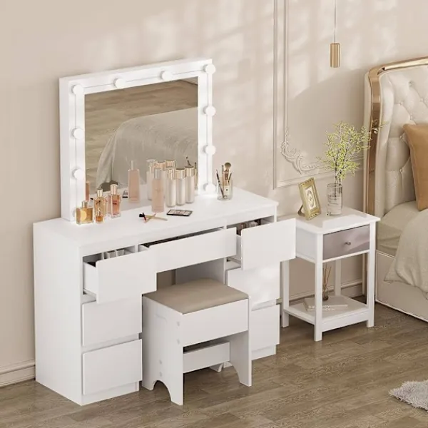 Rootz Living Sminkbord>Rootz White Sminkbord - Sminkbord - Sminkbord - Justerbar LED-belysning - Gott om förvaring - Hållbar design - 110 cm x 140,5 cm x 39,5 cm