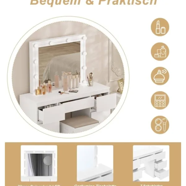 Rootz Living Sminkbord>Rootz White Sminkbord - Sminkbord - Sminkbord - Justerbar LED-belysning - Gott om förvaring - Hållbar design - 110 cm x 140,5 cm x 39,5 cm