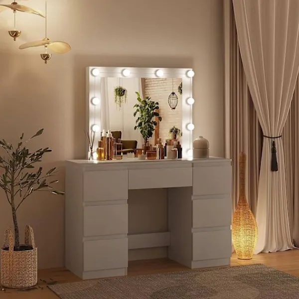 Rootz Living Sminkbord>Rootz White Sminkbord - Sminkbord - Sminkbord - Justerbar LED-belysning - Gott om förvaring - Hållbar design - 110 cm x 140,5 cm x 39,5 cm
