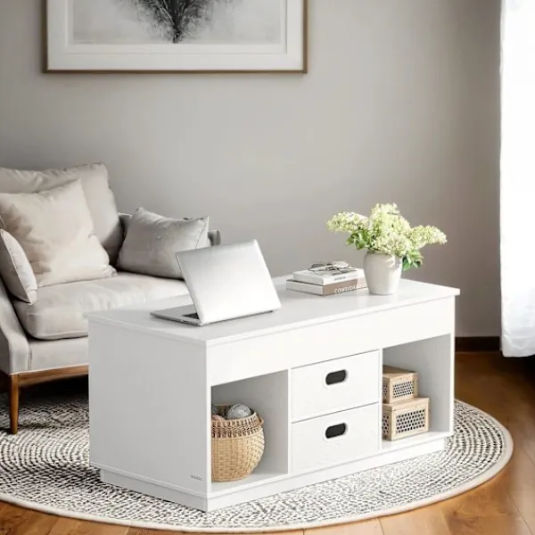 Rootz Living Soffbord>Rootz White soffbord - Modernt bord - Stål & träflipbräda - Veraturil design - 50 cm x 100 cm x 48/62,3 cm