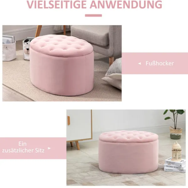 Northio Sittpuffar>Rosa Stoppad Bänk Med Förvaringsutrymme, Sammetslen Polyester, Gummiträ, Oval Form, För Vardagsrum, 71X52X42Cm