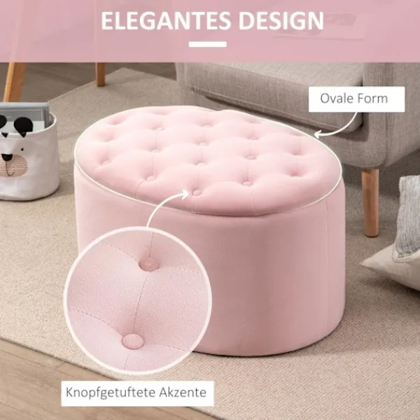 Northio Sittpuffar>Rosa Stoppad Bänk Med Förvaringsutrymme, Sammetslen Polyester, Gummiträ, Oval Form, För Vardagsrum, 71X52X42Cm