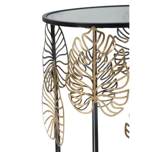 B2X Småbord>Runda glasbord, svart metall, bladguldsdesign