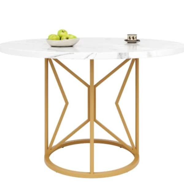 Matbord>Runt matbord 100 cm, marmor MDF-skiva & gyllene geometriska metallben, för 4-6 personer, matsal
