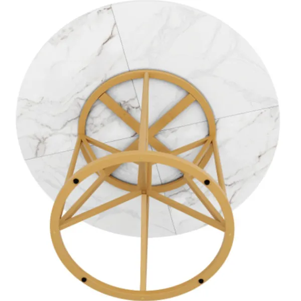 Matbord>Runt matbord 100 cm, marmor MDF-skiva & gyllene geometriska metallben, för 4-6 personer, matsal
