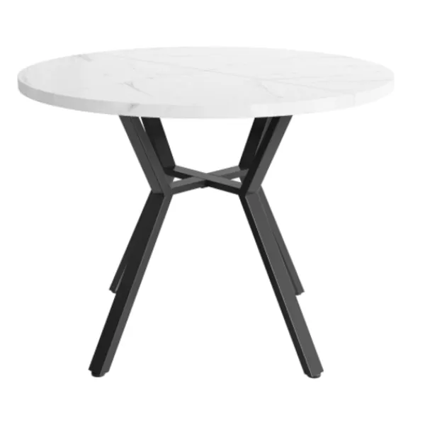 Matbord>Runt matbord 100cm, marmorlook & svart X-ram, modernt soffbord, stabilt, för vardagsrum