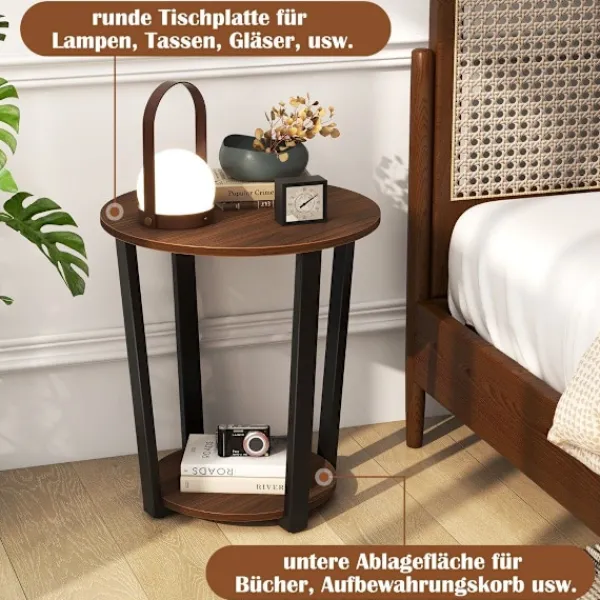 Northix Småbord>Runt sidobord med öppen hylla & Metallram 2-vånings Accent Bord Soffbord Valnöt