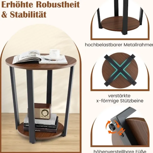 Northix Småbord>Runt sidobord med öppen hylla & Metallram 2-vånings Accent Bord Soffbord Valnöt