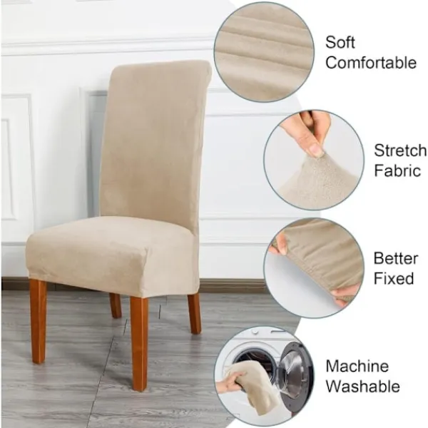 Stolar>Sammet Stolsöverdrag för Matsal, Stretch Stort Stolsöverdrag, Avtagbart Tvättbart Elastiskt Spandex Hög Rygg Stolsöverdrag XL, Set om 2, Beige