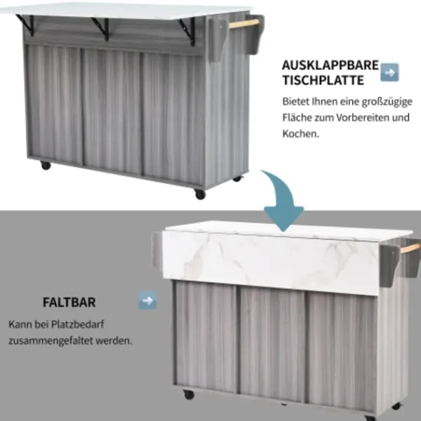 Köksö>Serveringsvagn grå/vit 139x91,5cm – massivt träfanér & marmorplatta – fällbar arbetsyta + förvaringsdörrar