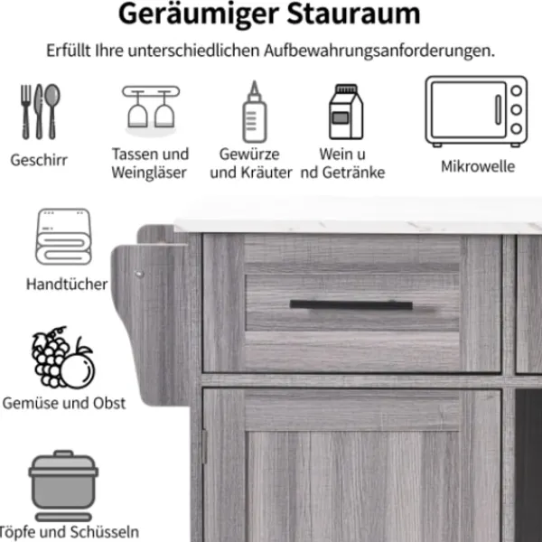 Köksö>Serveringsvagn grå/vit 139x91,5cm – massivt träfanér & marmorplatta – fällbar arbetsyta + förvaringsdörrar