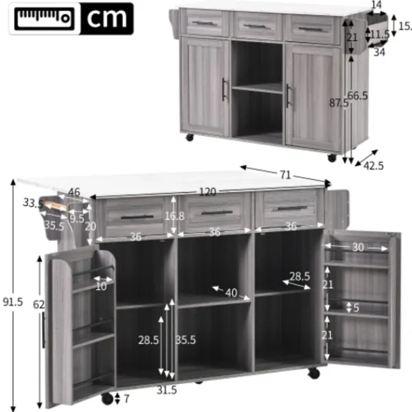 Köksö>Serveringsvagn grå/vit 139x91,5cm – massivt träfanér & marmorplatta – fällbar arbetsyta + förvaringsdörrar