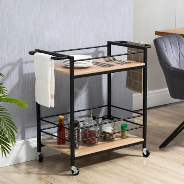 Northio Köksö>Serveringsvagn Köksvagn Med 2 Nivåer, Handtag, Hjul Med Broms, Skyddsräcken, Lastkapacitet 60 Kg, 82X40X75 Cm