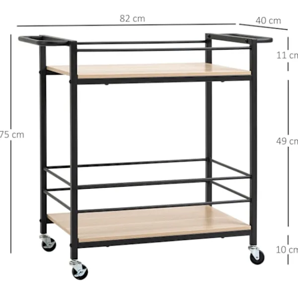 Northio Köksö>Serveringsvagn Köksvagn Med 2 Nivåer, Handtag, Hjul Med Broms, Skyddsräcken, Lastkapacitet 60 Kg, 82X40X75 Cm