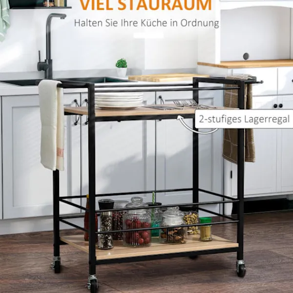 Northio Köksö>Serveringsvagn Köksvagn Med 2 Nivåer, Handtag, Hjul Med Broms, Skyddsräcken, Lastkapacitet 60 Kg, 82X40X75 Cm