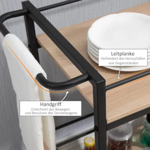 Northio Köksö>Serveringsvagn Köksvagn Med 2 Nivåer, Handtag, Hjul Med Broms, Skyddsräcken, Lastkapacitet 60 Kg, 82X40X75 Cm