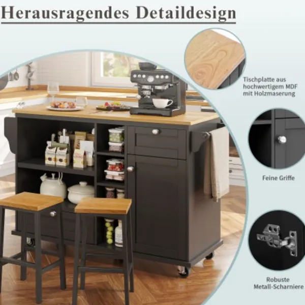 Köksö>Serveringsvagn svart (129x46x92 cm) – köksvagn med lådor, förvaringsskåp & ljusbrun träpanel, mobil