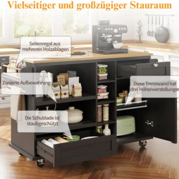 Köksö>Serveringsvagn svart (129x46x92 cm) – köksvagn med lådor, förvaringsskåp & ljusbrun träpanel, mobil