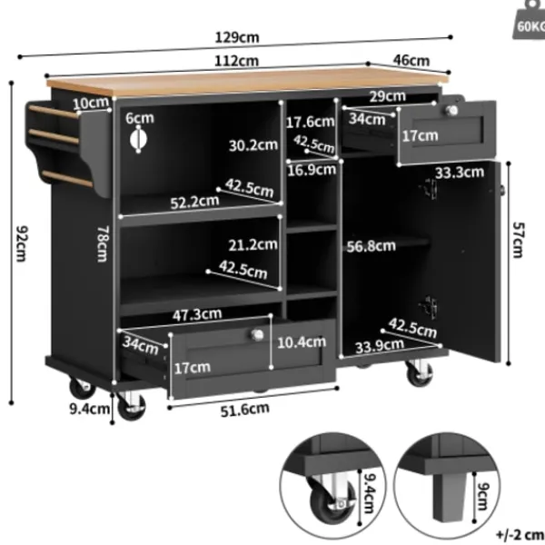 Köksö>Serveringsvagn svart (129x46x92 cm) – köksvagn med lådor, förvaringsskåp & ljusbrun träpanel, mobil