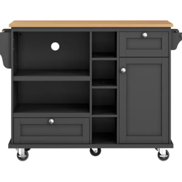 Köksö>Serveringsvagn svart (129x46x92 cm) – köksvagn med lådor, förvaringsskåp & ljusbrun träpanel, mobil
