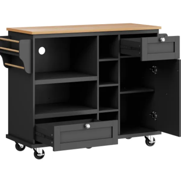 Köksö>Serveringsvagn svart (129x46x92 cm) – köksvagn med lådor, förvaringsskåp & ljusbrun träpanel, mobil