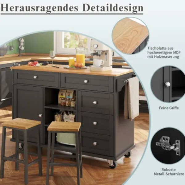 Köksö>Serveringsvagn (134x46x92 cm) – mobil köksvagn med lådor & förvaringsskåp, dubbel användning för hemmakök