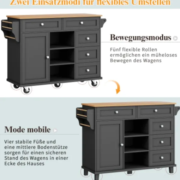 Köksö>Serveringsvagn (134x46x92 cm) – mobil köksvagn med lådor & förvaringsskåp, dubbel användning för hemmakök