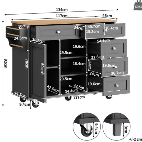 Köksö>Serveringsvagn (134x46x92 cm) – mobil köksvagn med lådor & förvaringsskåp, dubbel användning för hemmakök