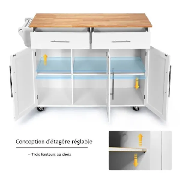 Sideboards>Serveringsvagn/Köksvagn på hjul 122x46x92,3CM i trä med justerbar hylla Handdukshållare Knivhållare Vit