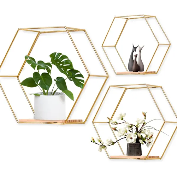 Hyllor>Set med 3 hexagonformade vägghyllor, hängande hyllor, flytande hyllor i metall och trä, väggförvaringsorganisatör för kökshylla