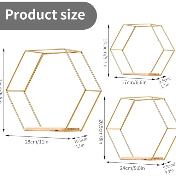 Hyllor>Set med 3 hexagonformade vägghyllor, hängande hyllor, flytande hyllor i metall och trä, väggförvaringsorganisatör för kökshylla