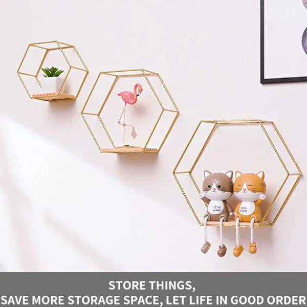 Hyllor>Set med 3 hexagonformade vägghyllor, hängande hyllor, flytande hyllor i metall och trä, väggförvaringsorganisatör för kökshylla