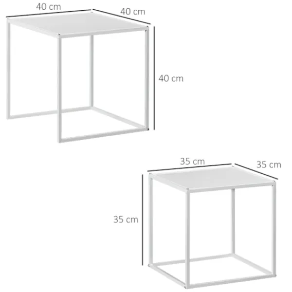 Northio Soffbord>Set med 2 soffbord, fyrkantiga sidobord, soffbord med stålstomme, soffbord i modern design, för vardagsrum, bärförmåga upp till 10 kg, vit
