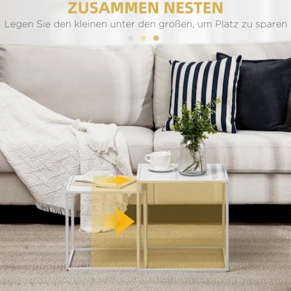 Northio Soffbord>Set med 2 soffbord, fyrkantiga sidobord, soffbord med stålstomme, soffbord i modern design, för vardagsrum, bärförmåga upp till 10 kg, vit