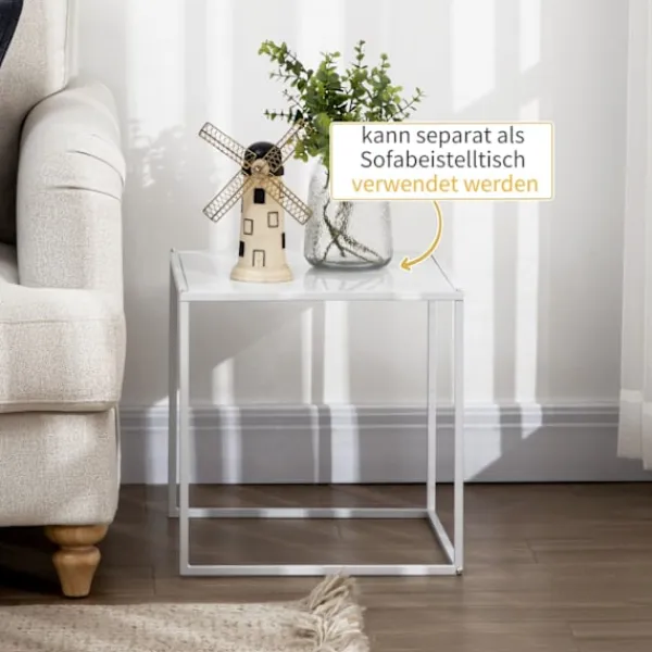 Northio Soffbord>Set med 2 soffbord, fyrkantiga sidobord, soffbord med stålstomme, soffbord i modern design, för vardagsrum, bärförmåga upp till 10 kg, vit