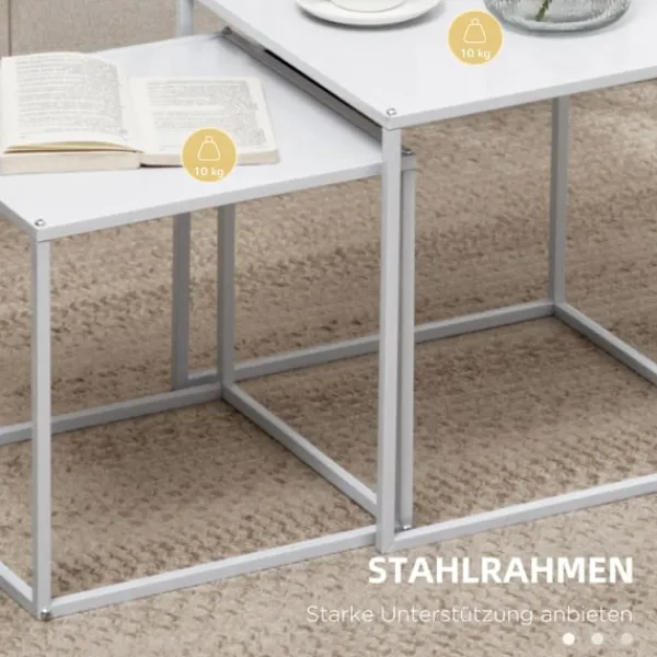 Northio Soffbord>Set med 2 soffbord, fyrkantiga sidobord, soffbord med stålstomme, soffbord i modern design, för vardagsrum, bärförmåga upp till 10 kg, vit