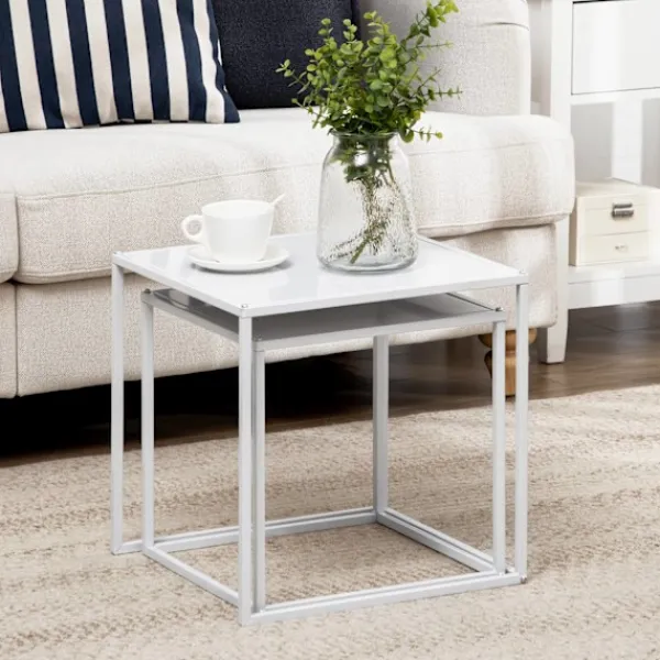 Northio Soffbord>Set med 2 soffbord, fyrkantiga sidobord, soffbord med stålstomme, soffbord i modern design, för vardagsrum, bärförmåga upp till 10 kg, vit