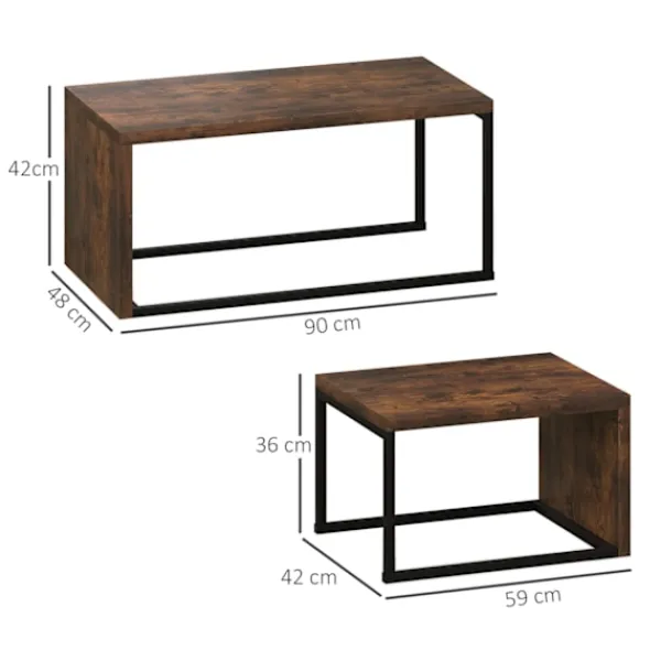 Northio Soffbord>Set med 2 soffbord, soffbord, sidobord, soffbord, olika former, multifunktionellt, elegant, enkelt, metallunderrede, svart och brun