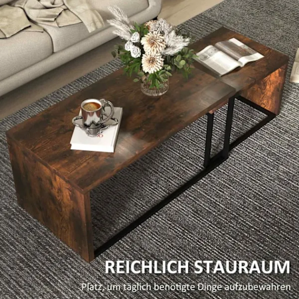 Northio Soffbord>Set med 2 soffbord, soffbord, sidobord, soffbord, olika former, multifunktionellt, elegant, enkelt, metallunderrede, svart och brun