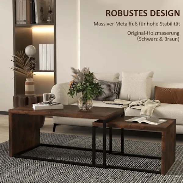 Northio Soffbord>Set med 2 soffbord, soffbord, sidobord, soffbord, olika former, multifunktionellt, elegant, enkelt, metallunderrede, svart och brun
