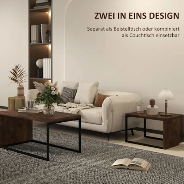 Northio Soffbord>Set med 2 soffbord, soffbord, sidobord, soffbord, olika former, multifunktionellt, elegant, enkelt, metallunderrede, svart och brun