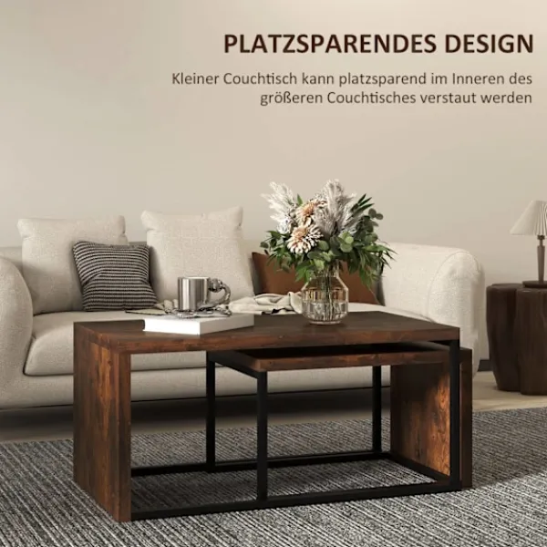 Northio Soffbord>Set med 2 soffbord, soffbord, sidobord, soffbord, olika former, multifunktionellt, elegant, enkelt, metallunderrede, svart och brun