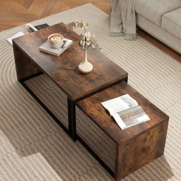 Northio Soffbord>Set med 2 soffbord, soffbord, sidobord, soffbord, olika former, multifunktionellt, elegant, enkelt, metallunderrede, svart och brun