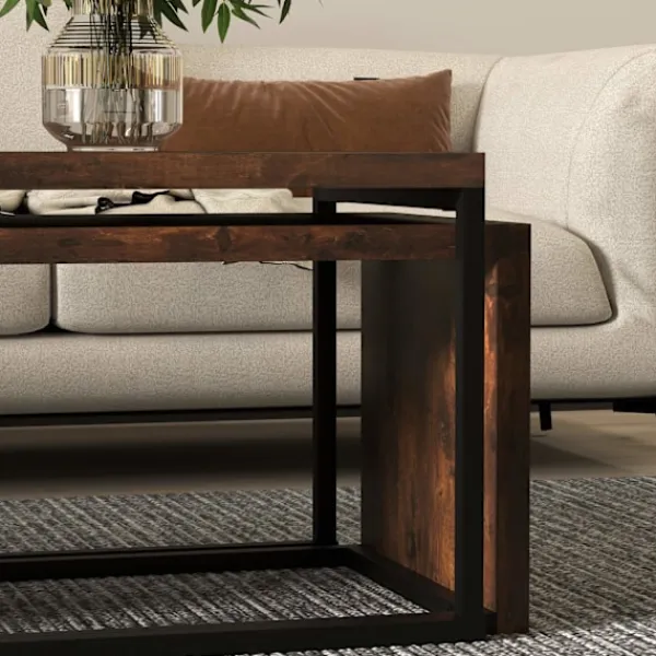 Northio Soffbord>Set med 2 soffbord, soffbord, sidobord, soffbord, olika former, multifunktionellt, elegant, enkelt, metallunderrede, svart och brun