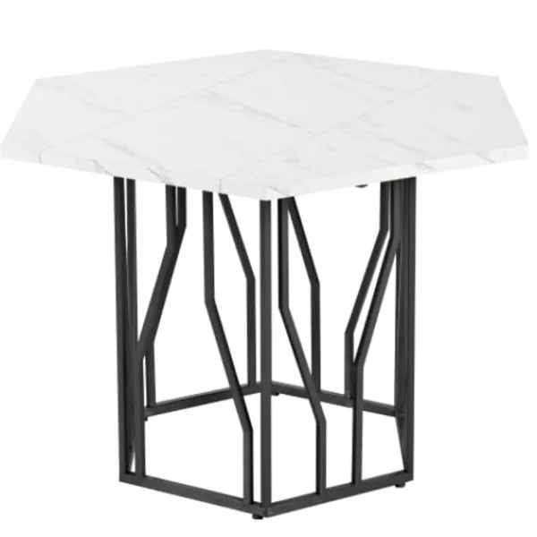 Matbord>Sexkantigt matbord med marmorskiva och svart metallram, modernt soffbord för matsal/vardagsrum