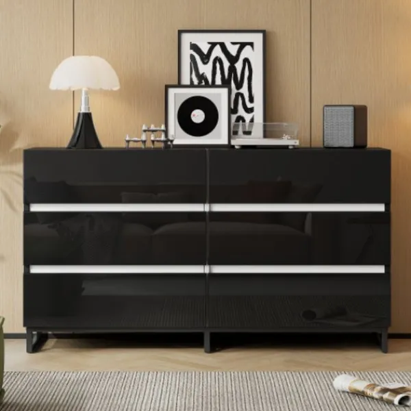 Byråer>Sideboard för vardagsrum 140x39,5x78,5 cm, byrå med 6 lådor, 3 metallben, högblank vit & svart, hög lastkapacitet