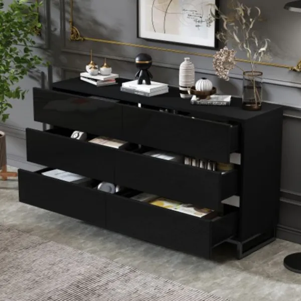 Byråer>Sideboard för vardagsrum 140x39,5x78,5 cm, byrå med 6 lådor, 3 metallben, högblank vit & svart, hög lastkapacitet