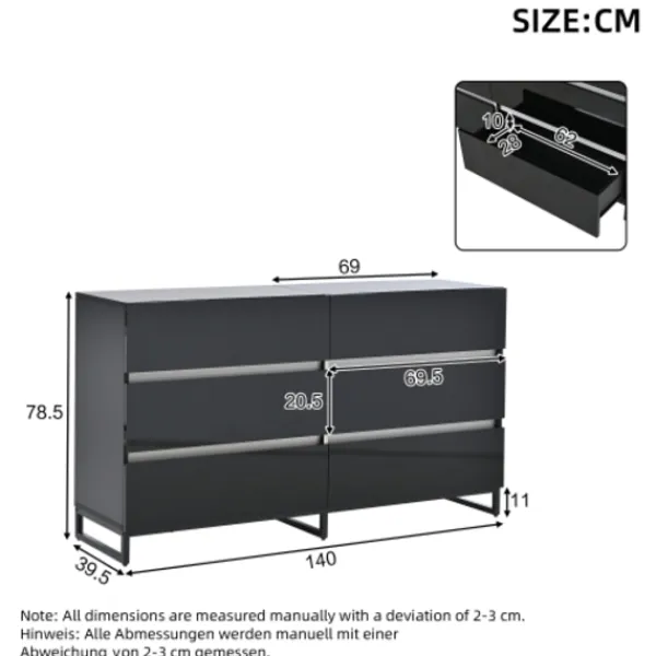 Byråer>Sideboard för vardagsrum 140x39,5x78,5 cm, byrå med 6 lådor, 3 metallben, högblank vit & svart, hög lastkapacitet