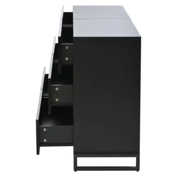 Byråer>Sideboard för vardagsrum 140x39,5x78,5 cm, byrå med 6 lådor, 3 metallben, högblank vit & svart, hög lastkapacitet