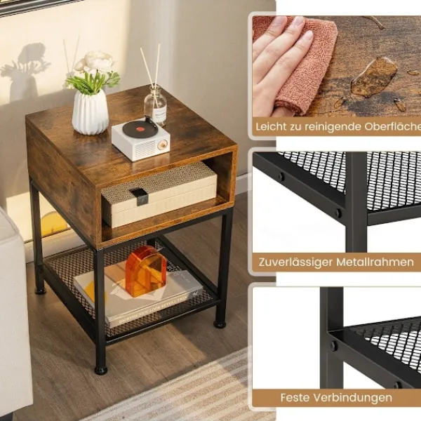 Northix Småbord>Sidobord med förvaringsfack och gallerhylla sängbord med metallram 40 x 40 x 57,5 cm
